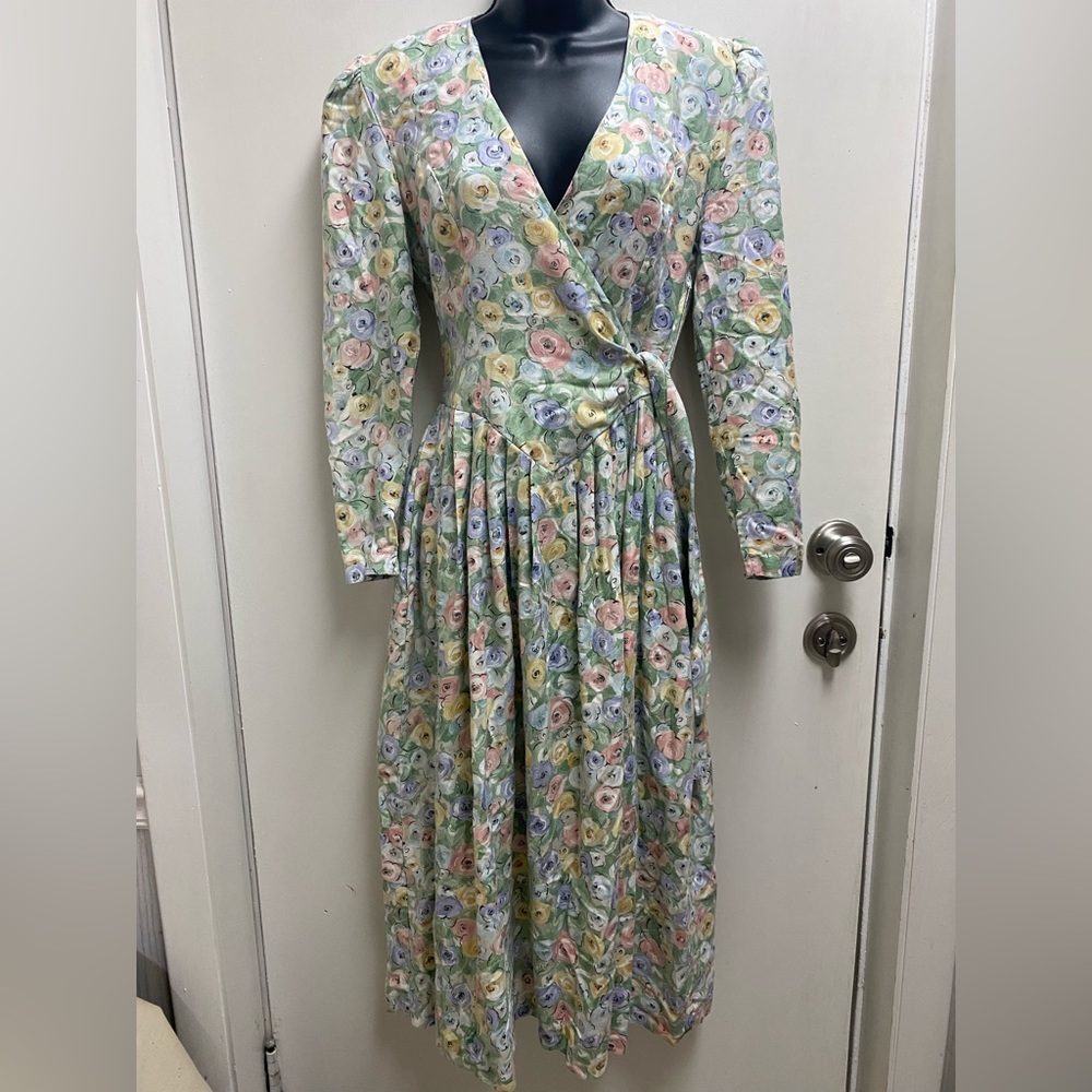 Vintage 80's S G Gilbert Dress Green/Pink Floral Midi Cottage Core Size 4
